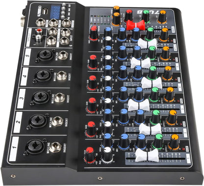 Dj Mixers 7 Channel Audio Mixer Sound Board with Bluetooth, Usb Audio Interface with 48V Phantom Power Sounds Mixer Board with FX Reverb Delay Effect for Streaming