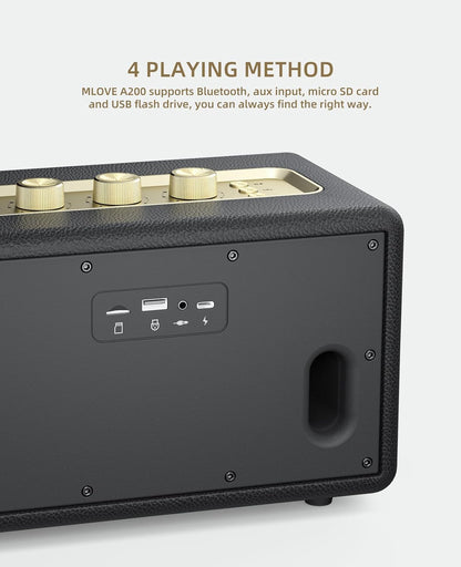 MLOVE A200 Portable Retro Bluetooth Speaker with Aux Input, USB Port, Micro SD Card Slot - Decorative Wireless Bookshelf Speakers Battery Powered, House Warming Gifts for New Home, Black and Gold