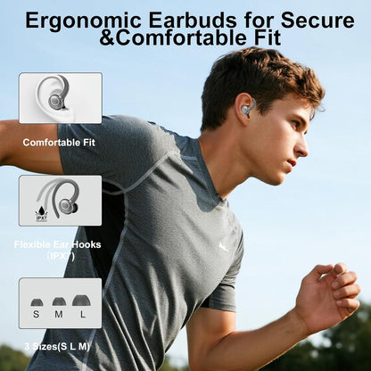 Wireless Earbuds Bluetooth 5.3 Headphones Sports, 48Hrs Playtime Bluetooth Earbuds with CVC 8.0 Mic, Stereo Bass Over Ear Bud with Earhooks, LED Display, IP7 Waterproof Earphon for Running Gray