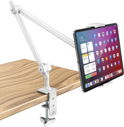 AboveTEK Tablet Stand Holder, Aluminum iPad Holder for Desk & Bed, Adjustable iPad Arm Clamp Mount with 360° Rotation, Overhead Compatible with 4.7"-13.5" iPads Pro/Air/Mini, iPhone, Galaxy Tab- White