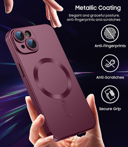 Magnetic for iPhone 15 Case [Compatible with MagSafe][Built-in Camera Lens Protector] Slim Soft Silicone Bumper Shockproof Metallic Shine Phone Case (Burgundy)