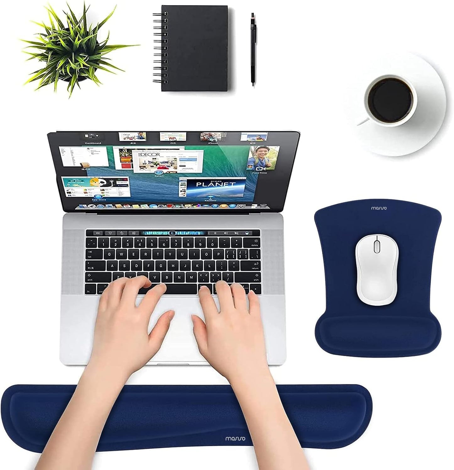 MOSISO Wrist Rest Support for Mouse Pad & Keyboard Set, Ergonomic Mousepad Non-Slip Base Home/Office Pain Relief & Easy Typing Cushion with Neoprene Cloth & Raised Memory Foam, Navy Blue