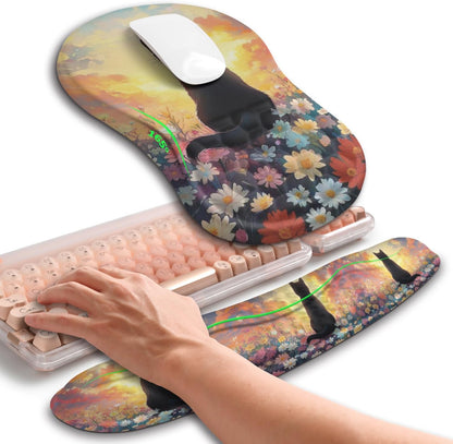 Hokafenle 2in1 Combination, Wave Keyboard Wrist Rest and Ergonomic Curvature Mouse Pad Wrist Support for Relieve Wrist Pain, Filled with Soft Cushion Memory Foam, Wishing Cat