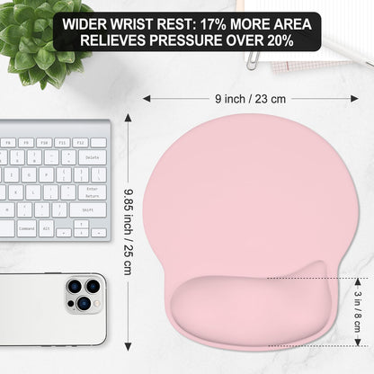 ITNRSIIET Ergonomic Mouse Pad with Wider Memory Foam Wrist Rest +17%, Curved Cushion Reduces Pressure 20%, Pain Relief, Non-Slip, Smooth, Cute Color Desk Accessory, 9.85 x 9 inch, Blush Pink