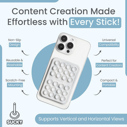 SUCKY Silicone Suction Phone Case Adhesive Mount - Anti-Slip Holder, Hands-Free Fidget Toy, Phone Accessory for iPhone and Android (Crystal White, Magnetic)