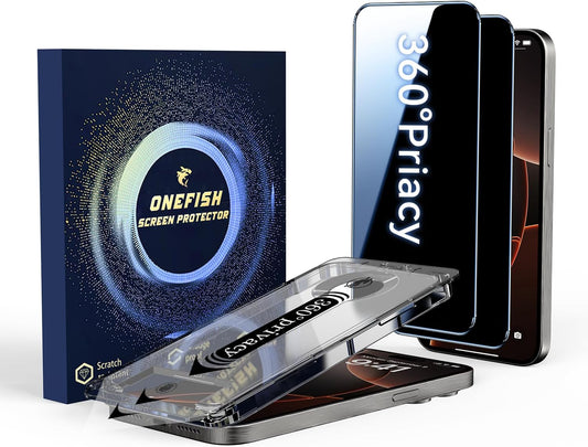 OneFish for iPhone 15/16 Privacy Screen Protector, 4-Way 360° Anti-Spy Tempered Glass, 9H Hardness, HD Clear Anti-Fingerprint 3D Curved Edges, Case-Friendly & Easy Installation [2 Pack]