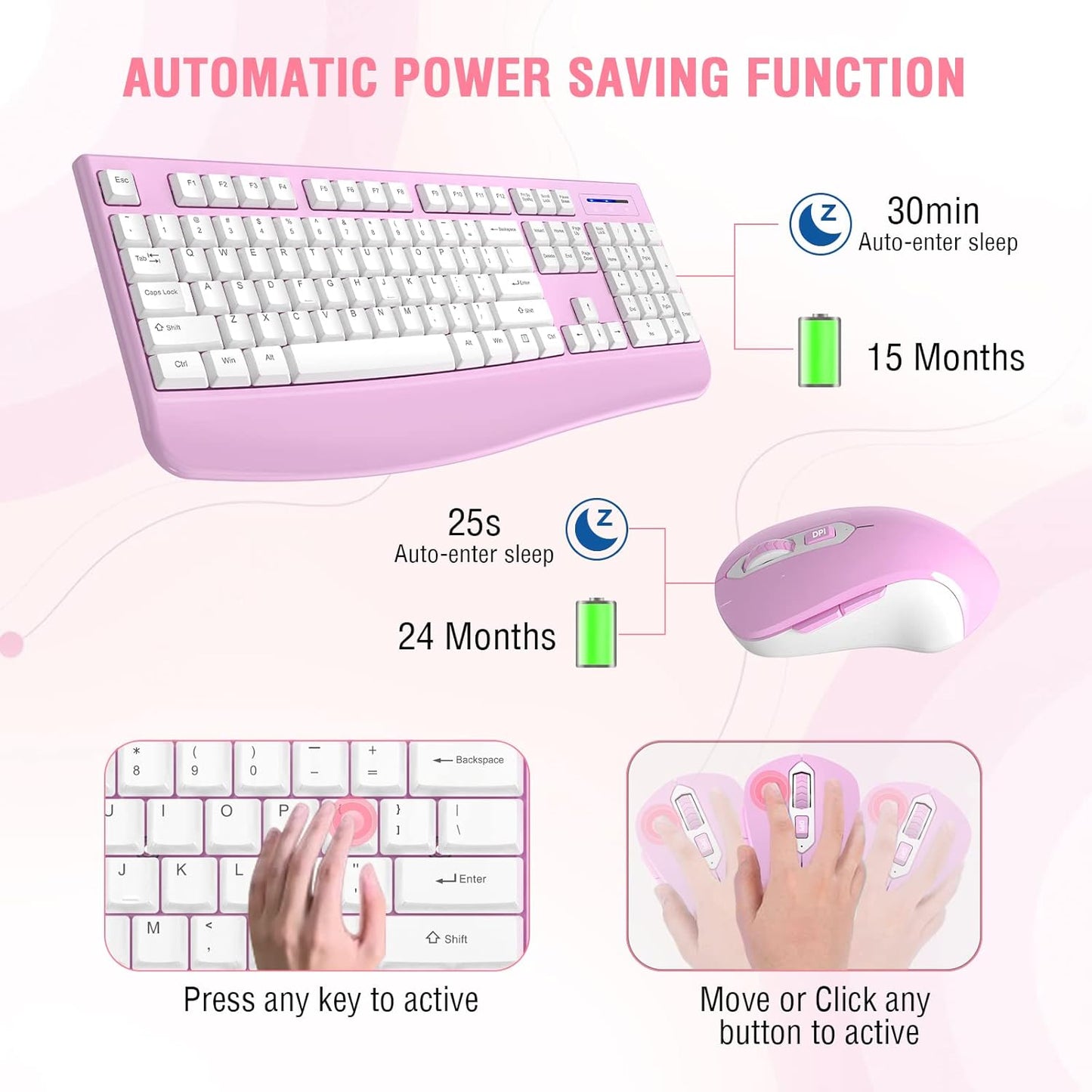 Wireless Keyboard and Mouse Combo, EDJO 2.4G Full-Sized Ergonomic Computer Keyboard with Wrist Rest and 3 Level DPI Adjustable Wireless Mouse for Windows, Mac OS Desktop/Laptop/PC(White Pink)