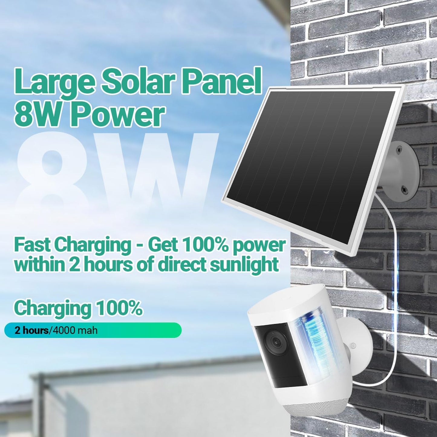 Solar Panel for Ring Camera, 8W High - Efficiency Solar Charger Compatible with Stick Up Cam & Ring Spotlight Cam (Battery) - Waterproof, 16ft Long Cable, DC3.5mm & USB C Ports, White