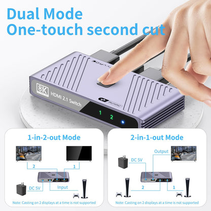 Video Selector Boxes， 8K@60Hz Splitter, bi-Directional 8K HD switcher 2 in 1 Out, Support 3D, HDR, Compatible with laptops, PC, Xbox Series, projectors, TV Monitors DSLR Cameras,