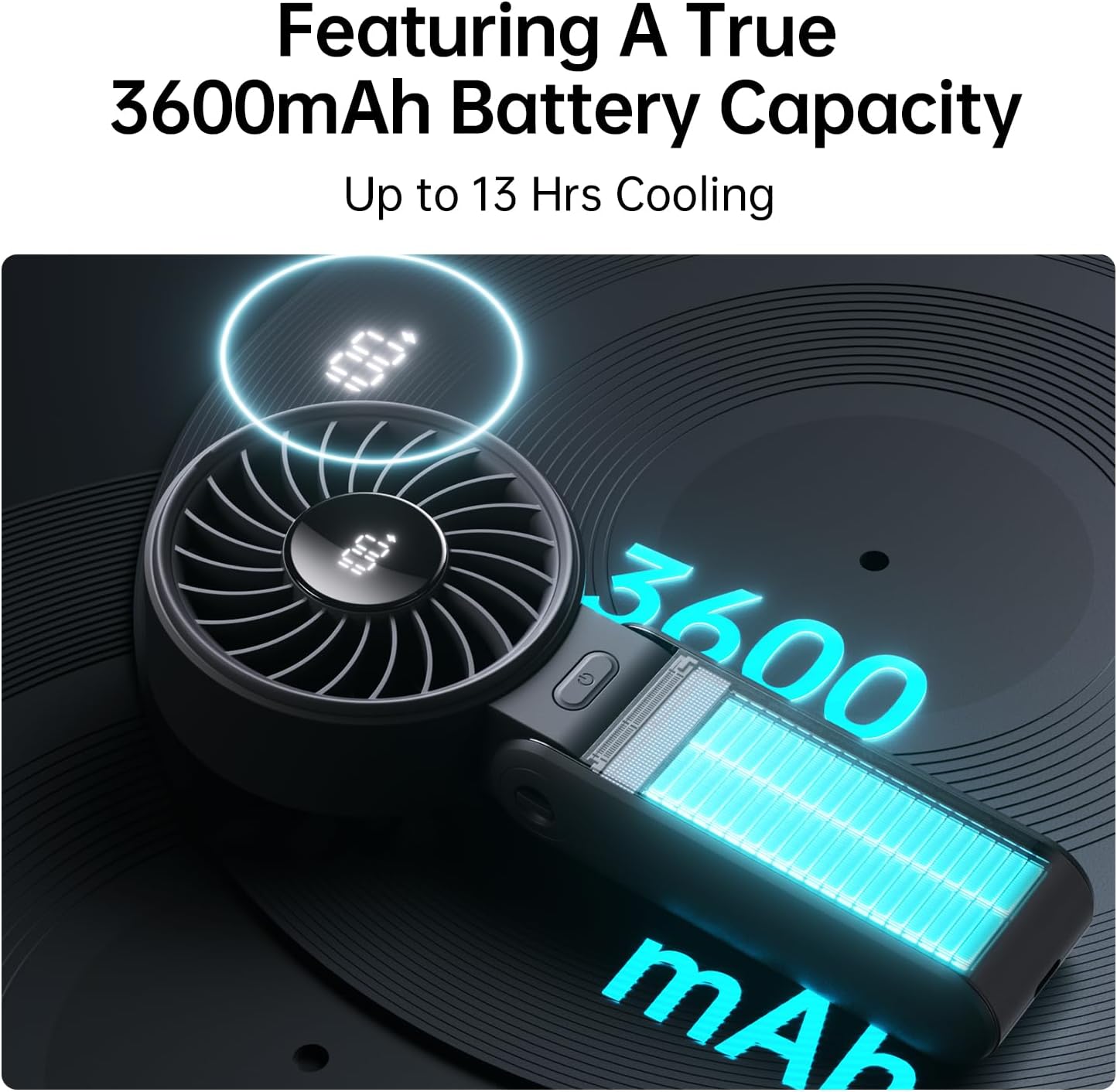 JISULIFE Handheld Fan Life7 – Ultimate Flexibility: High-Power Motor, LED Display, 13 Hrs Cooling, 3600mAh Rechargeable, 5-Speed, Foldable Design, 3-IN-1 Portable Fan for Travel Cruise Beach(Black)