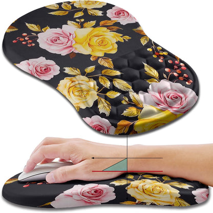 Hokafenle Ergonomic Mouse Pad Wrist Support, Wrist Rest Mousepad for Carpal Tunnel Pain Relief with Integrated Memory Foam Slope Massage Bulge (11.8x7.9 inch,Golden Powder Flower