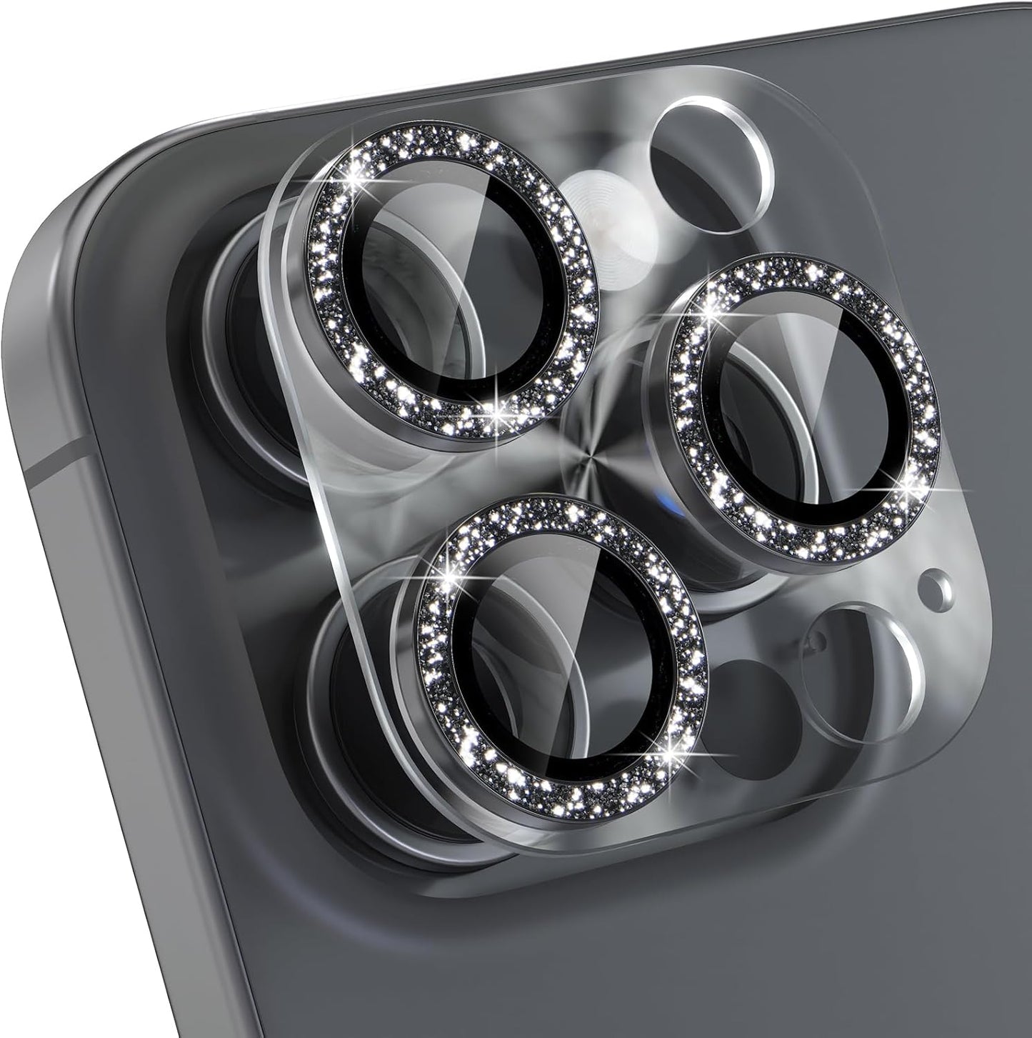Choiche Compatible for iPhone 16 Pro/iPhone 16 Pro Max Camera Lens Protector, Bling Camera Cover with 9H Tempered Glass Lens Screen Protector Metal Ring Decoration Accessories(Clear-Black)