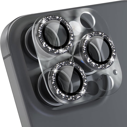 Choiche Compatible for iPhone 16 Pro/iPhone 16 Pro Max Camera Lens Protector, Bling Camera Cover with 9H Tempered Glass Lens Screen Protector Metal Ring Decoration Accessories(Clear-Black)
