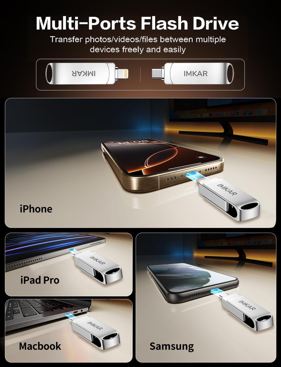 MFi Certified 512GB Flash Drive for iPhone iPad, IMKAR Memory Stick Storage for Photos Videos, Compatible with iPhone iPad Android and PC, Plug and Play No Application Required (Metal Silver)