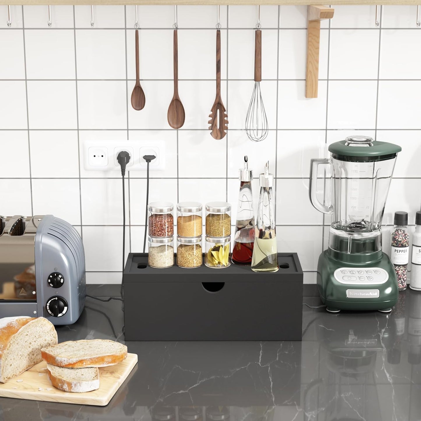 Bamboo Cable Management Box, Large Cord Organizer Box Cable Box to Hide Wires & Power Strips for Desktop Storage Cord Holder for Office Home,No Assembley Required (All Black, 1Medium)