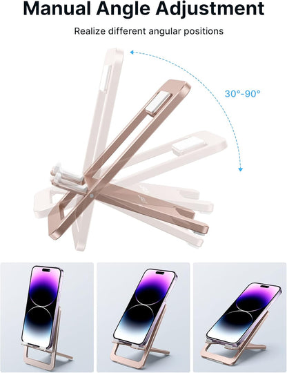 JSAUX Cell Phone Stand, Foldable Aluminum Adjustable Phone Holder for Desk Portable Travel Holder Office Desk Accessories Compatible with iPhone 15 14 13 12 11 Pro Max X Samsung S24 S23 -Pink