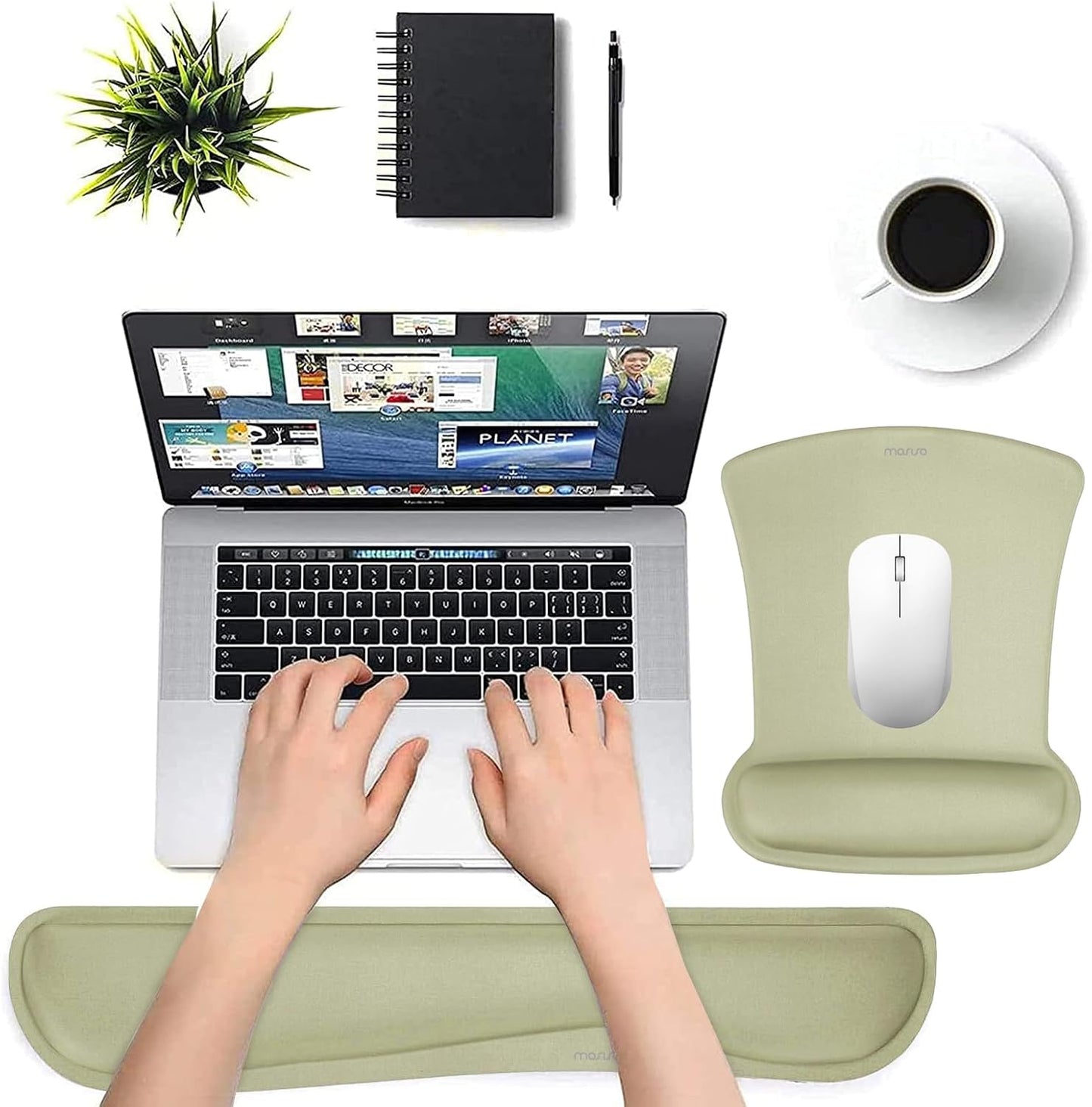 MOSISO Wrist Rest Support for Mouse Pad & Keyboard Set, Ergonomic Mousepad Non-Slip Base Home/Office Pain Relief & Easy Typing Cushion with Neoprene Cloth & Raised Memory Foam, Olive Green