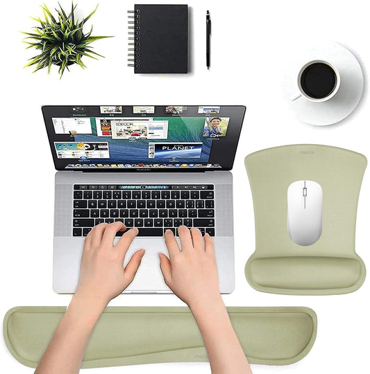 MOSISO Wrist Rest Support for Mouse Pad & Keyboard Set, Ergonomic Mousepad Non-Slip Base Home/Office Pain Relief & Easy Typing Cushion with Neoprene Cloth & Raised Memory Foam, Olive Green