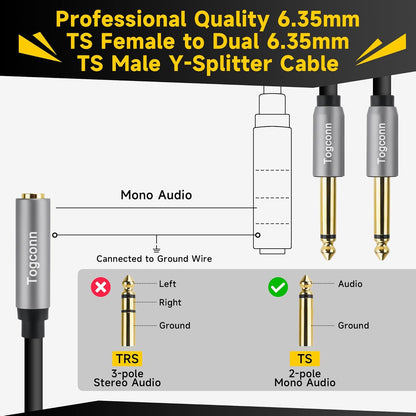 1/4 inch TS Mono Splitter Y Adapter, 6.35mm Mono Female to Dual 6.35 mm TS Mono Male Jack, Quarter inch Audio Speaker Splitter Converter Cable 1 Feet, Gold Plated Connectors
