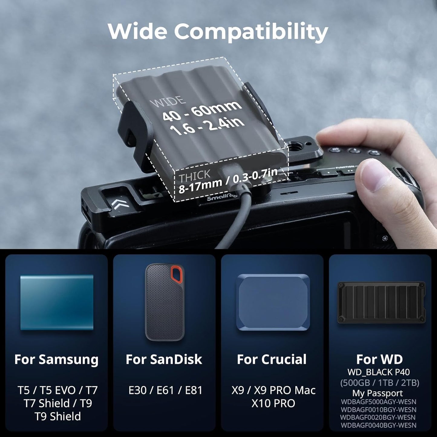 SMALLRIG Phone Mount Bracket SSD Holder for MagSafe, 1.6-2.4in Wide Clamping, for Samsung T5 T7 SSD, for SanDisk SSD, for iPhone 16/15/14/13/12, Universal SSD Drive Holder for Camera Cage - 5397