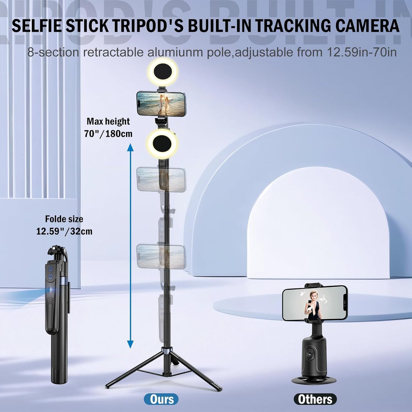 Face Tracking Tripod for iPhone with Light,70 inch Phone Tripod Holder with Remote,Travel Selfie Stick for Content Creator Vlog Live Stream Video Recording