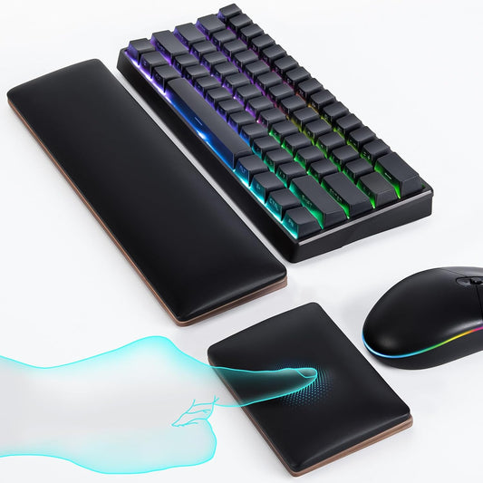 ASFSKY Keyboard and Mouse Wrist Rest Set - Memory Foam & Wooden Base Ergonomic Wrist Support Pad with PU Leather Cover, Non-Slip, Durable & Easy-to-Clean Wrist Cushion for Office, Gaming Desk