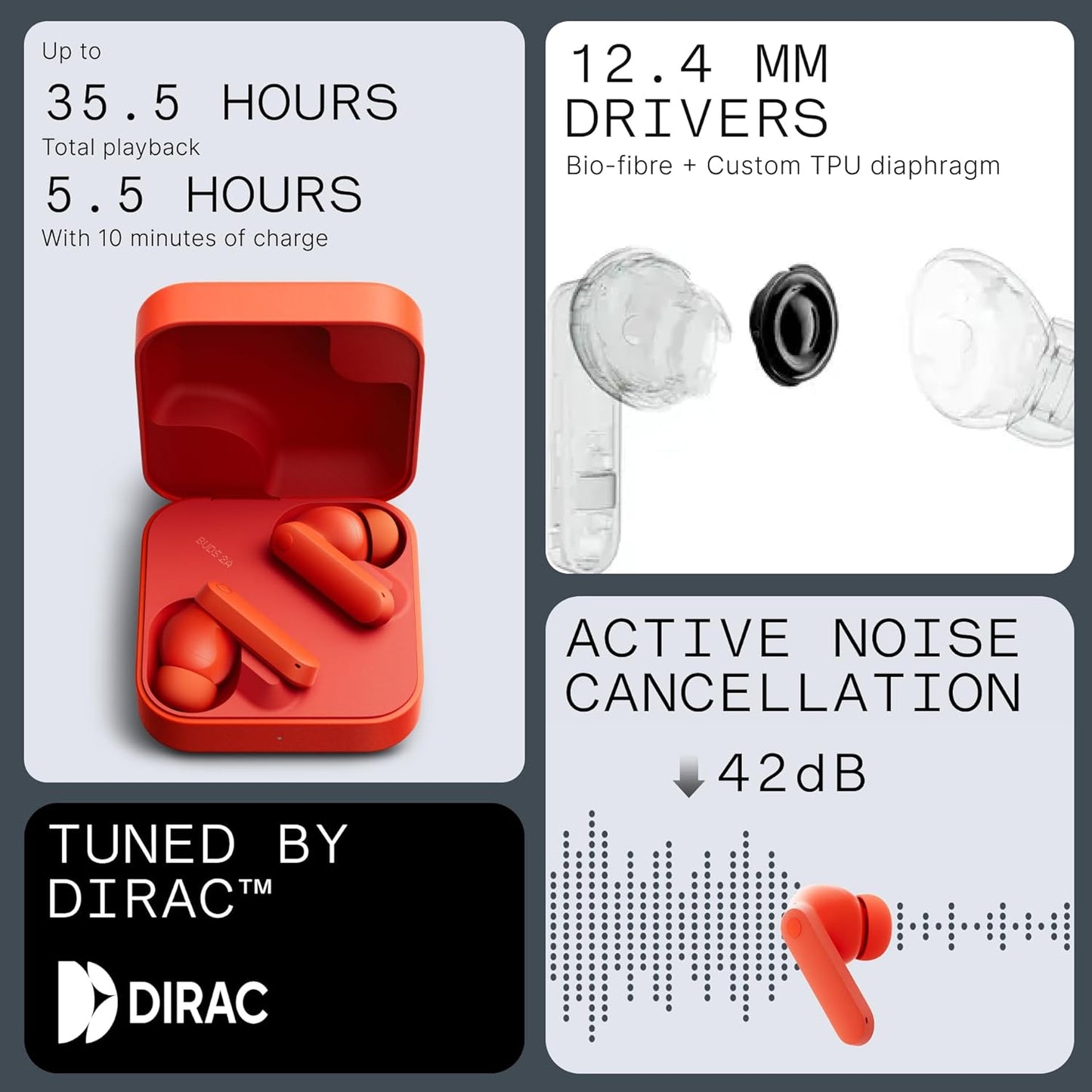 CMF Buds 2a Wireless Earbuds 2025 New Active Noise Cancelling 42dB Hybrid ANC Bluetooth Headphones, 12.4mm Dynamic Driver for Big Bass, 4 Mics Clear Calls, Sport Ear Buds for iPhone, Android, Orange