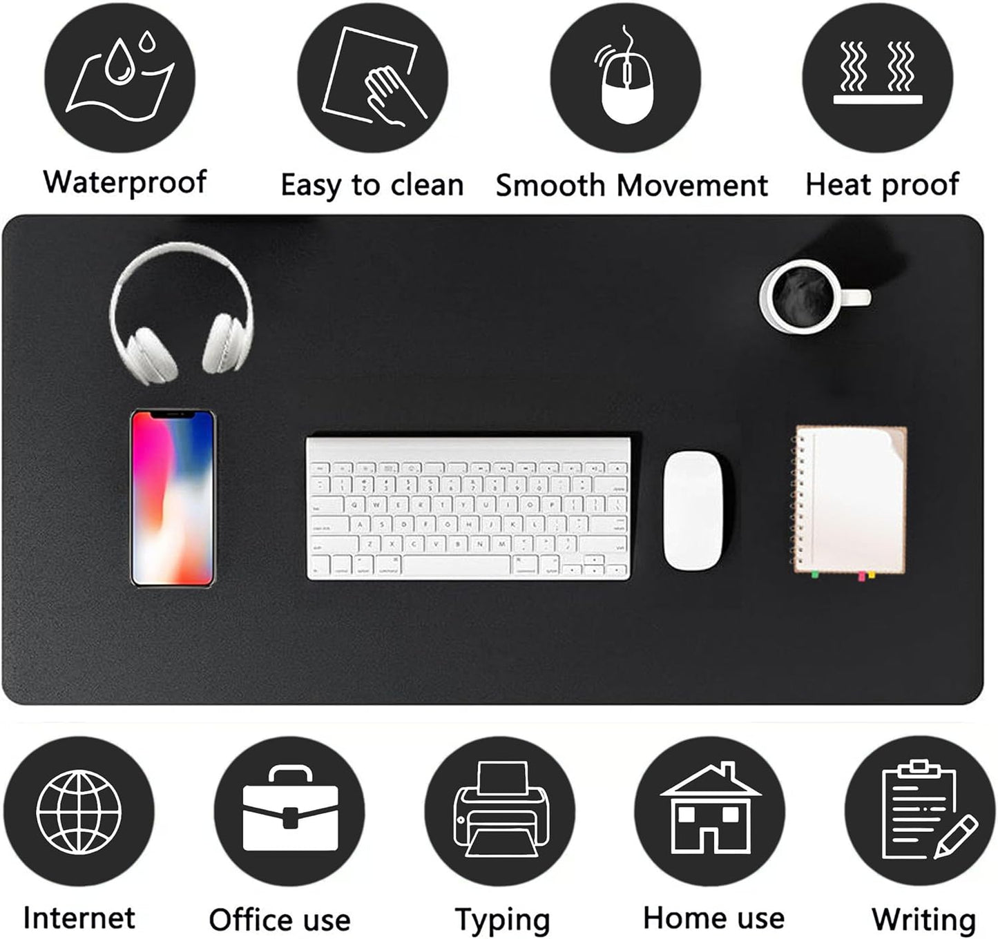 PU Leather Desk Pad Protector Gaming Mouse Pad Non Slip Desk Mat for Keyboard and Mouse Waterproof Desk Writing Pad for Office and Home Desk Accessories(Black, 47.2 * 17.7)