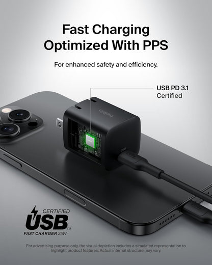 Belkin USB C Charger Block 25W (2 Pack) USB C Cable Included - PD3.0 PPS Fast Charging for Samsung Galaxy S25, S24, S23, S22, Apple iPhone 16, iPhone 15, Google Pixel 9, Nintendo Switch, etc - Black