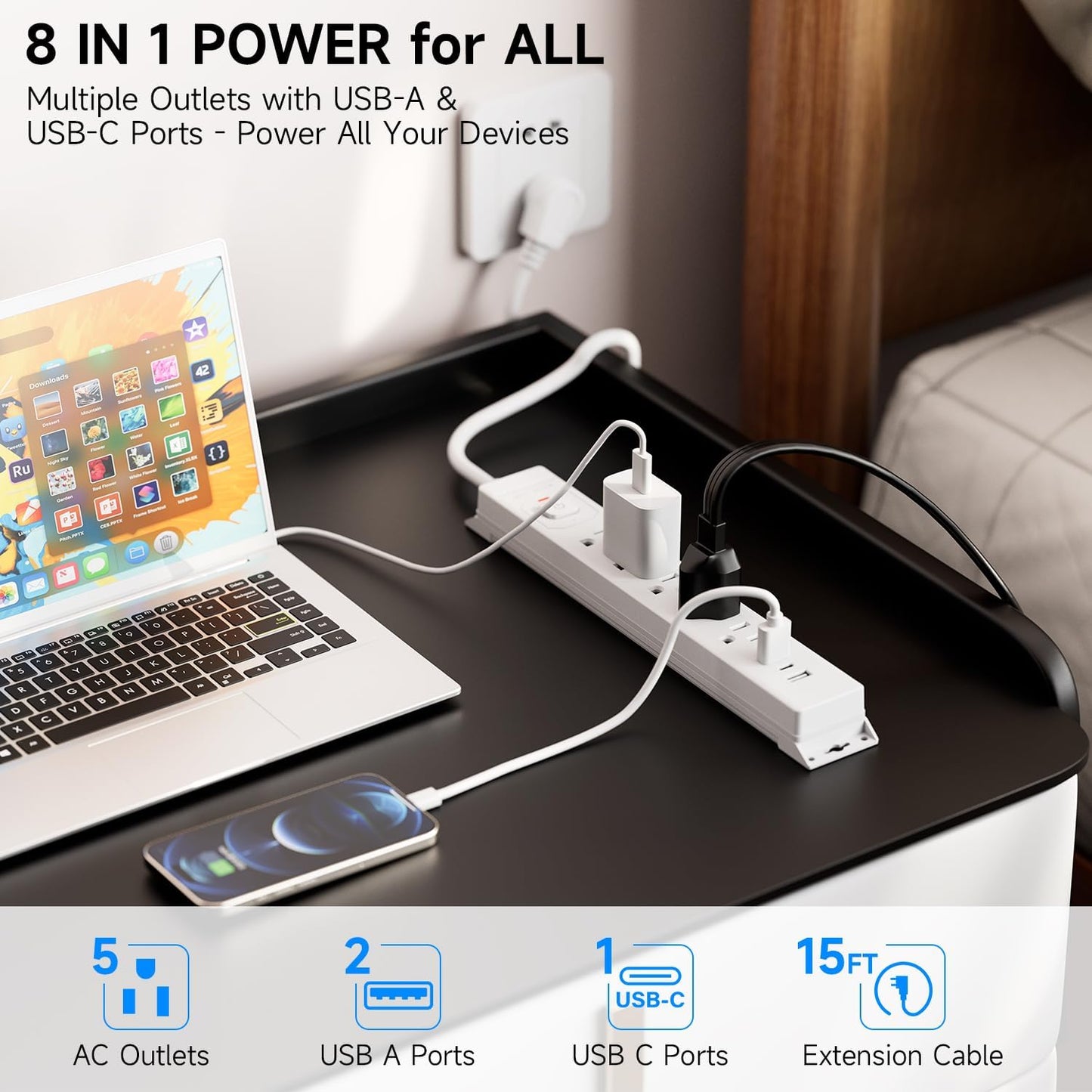 15 Ft Power Strip Surge Protector with USB Ports, Flat Plug Extension Cord, 5 AC Outlets and 3 USB Charging Ports, Wall Mountable, ETL Listed – White for Home, Office, Dorm