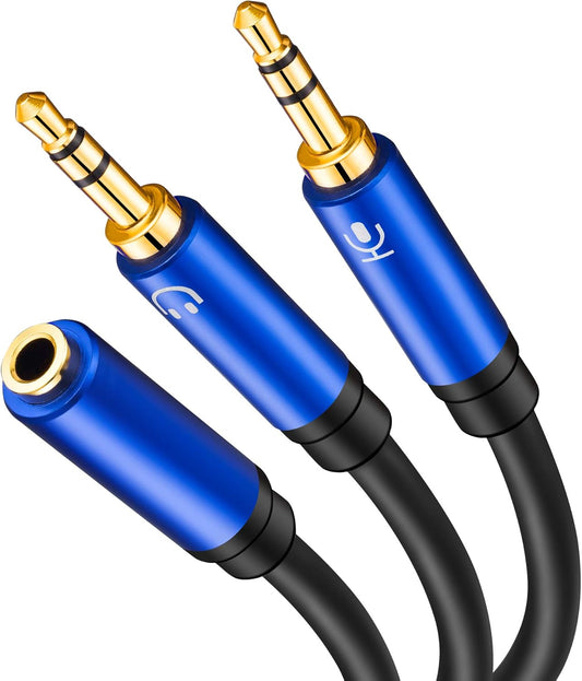 Tan QY Headphone Splitter 1Ft, 3.5mm Female to 2 Dual 3.5mm Male Headphone Mic Audio Y Splitter Cable Smartphone Headset to PC Adapter (1Ft/0.3M, Blue)