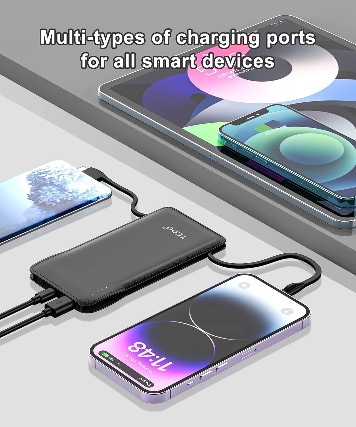 TG90° Portable Charger with Cords 10000mAh Power Bank with Built in Cables Battery Backup Cell Phone External Battery Pack Compatible with iPhone 16 15 14 13 12 Samsung S22 S21 Google iPad etc