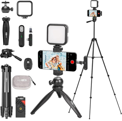 Upgraded Vlogging Kit w/Wireless Lavalier Microphone,YouTube Kit for iPhone and Smartphone w/59” Retractable Tripod,Automatic Switch Phone Clamp,Content Creator Gear for TikTok(Vlog K5)