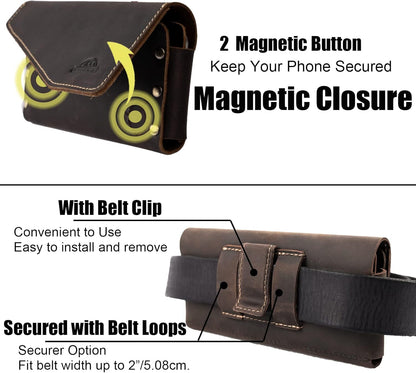 Topstache Leather Phone Holster with Belt Clip for Galaxy S23,iPhone 14,14 Pro,Leather Belt Pouch for Universal Smartphone with Otterbox Case,Flip Cellphone Pouch,L,Darkbrown