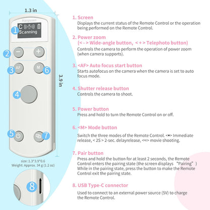 for Canon Rechargeable Wireless Remote Control - Camera Remote Shutter Release with Zoom Focus Compatible with Canon G7X Mark III/R50/R6 II/R10/R/RP/R5/R8/R100/M50/M200/M6 Mrak II/R5 II/6D II/SL3