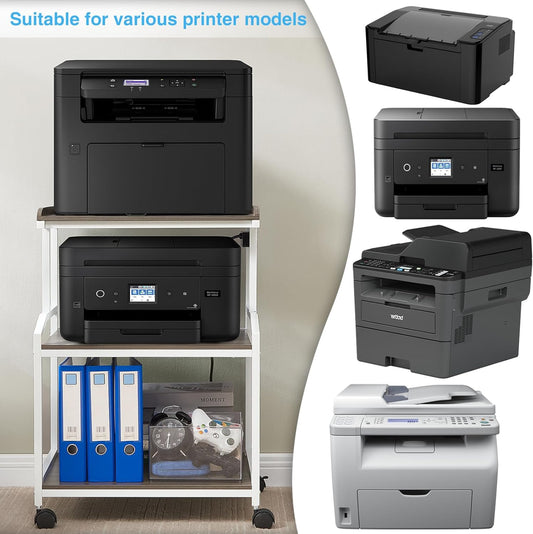 Lauren&Harold 34'' Printer Stand with Power Outlets & USB Ports, 3-Tier Adjustable Rolling Cart, Heavy Duty 150LBS Storage Table with Wheels for Office, Kitchen, Living Room, Grey/White