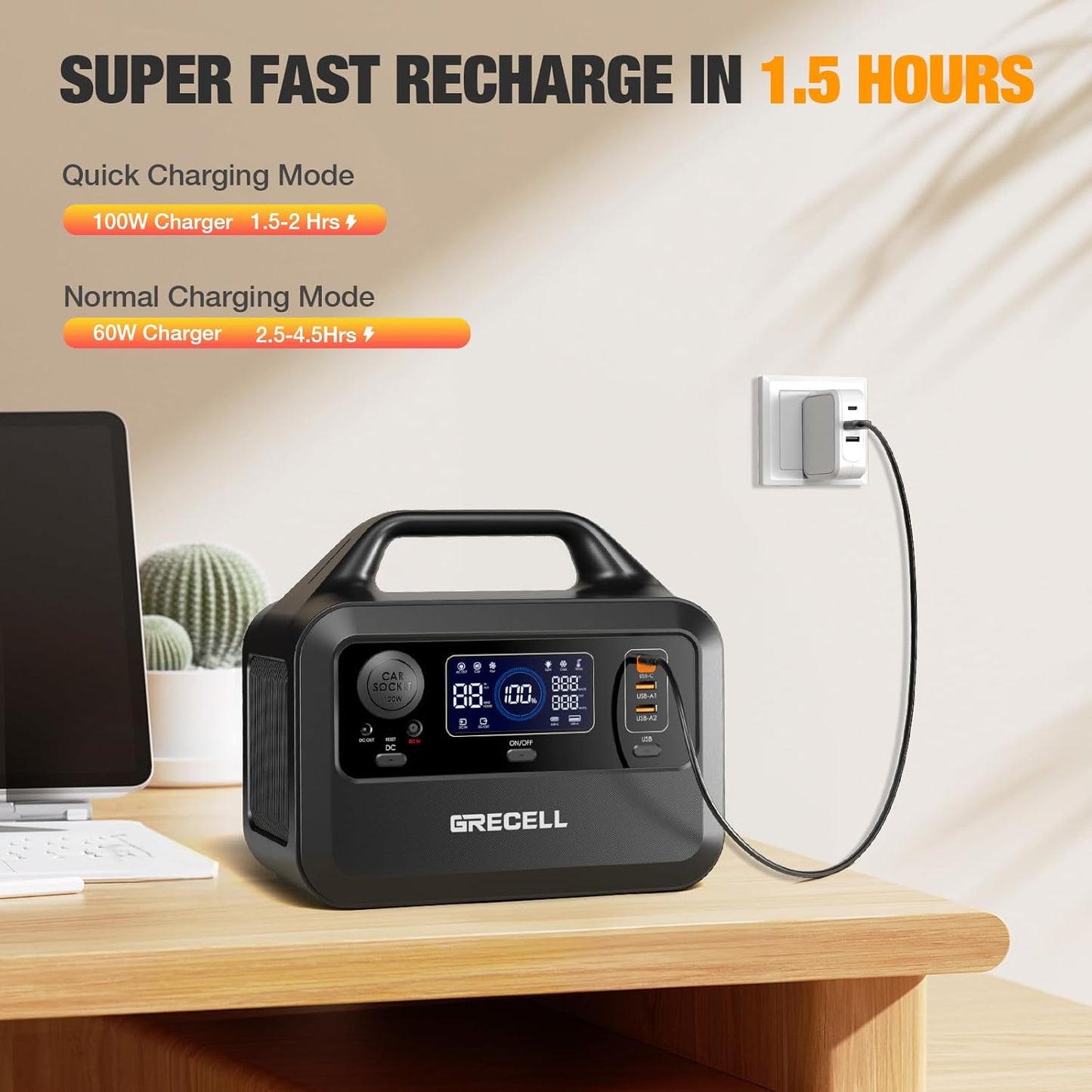 GRECELL Solar Generator with 40W Solar Panel Included,230Wh Portable Power Station 1.5hrs Fast Charging, (600W Surge) AC Outlets, LiFePO4 Battery Backup for Outdoor Camping, Trip, Power Outage