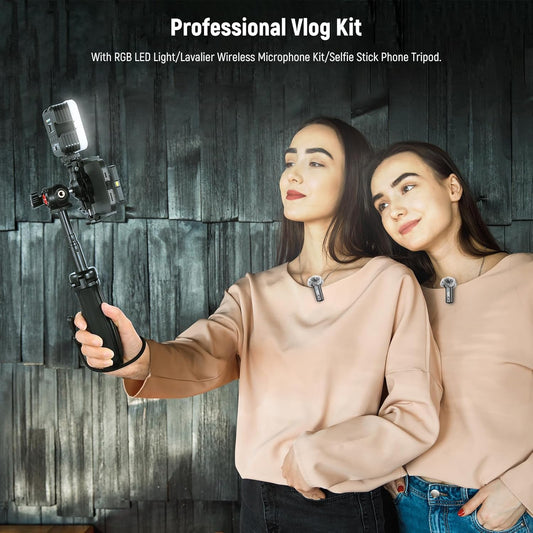 NEEWER Vlogging Kit for Phone with RGB LED Light/Lavalier Wireless Microphone System/Selfie Stick Phone Tripod, Content Creator Essentials for iPhone Android Podcast YouTube, PA048