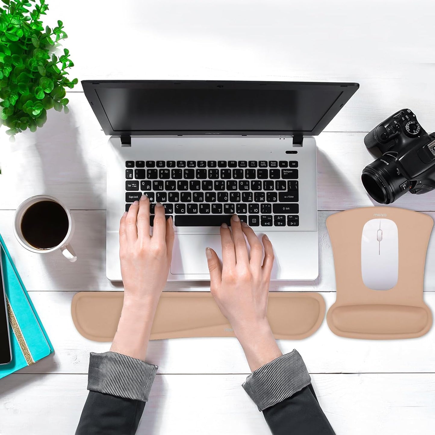 MOSISO Wrist Rest Support for Mouse Pad & Keyboard Set, Ergonomic Mousepad Non-Slip Base Home/Office Pain Relief & Easy Typing Cushion with Neoprene Cloth & Raised Memory Foam, Mocha