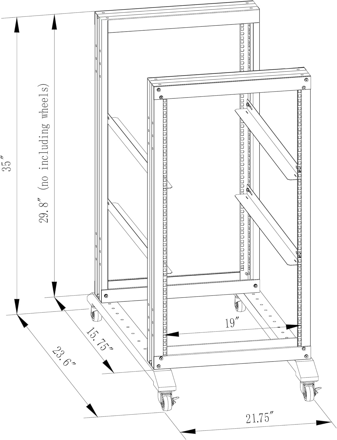 15U Server Rack/4-Post 19in Network Rack/Open Frame Rack with Wheels, Heavy-Duty Frame Cabinet/Adjustable Depth 15.75-13.75in GLOBALRACK(4POST-600-15U)