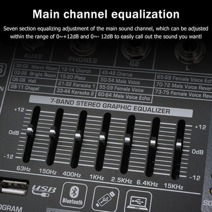 W IN-MIX DX8 Professional DJ Audio Mixer 8 Channel with 99 DSP Effects,7-band EQ,Independent 48V Phantom Power&Mute Button,Bluetooth Function,USB Interface Recording For Studio