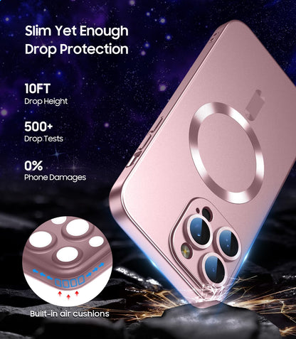Magnetic for iPhone 15 Pro Max Case [Compatible with MagSafe][Built-in Camera Lens Protector] Slim Soft Silicone Bumper Shockproof Metallic Luster Phone Case (Rose Gold)