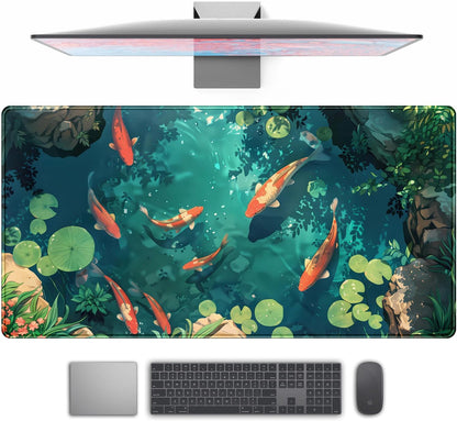 Koi Fish Desk Mat Gaming Koi Pond Desk Pad Large Cute Mouse Pad, Goldfish Mouse Mat XXL Laptop Keyboard Pad, Blue Waters Gamer Mouse Pad Full Mousepads Cool Office Accessories 31.5"x15.7"