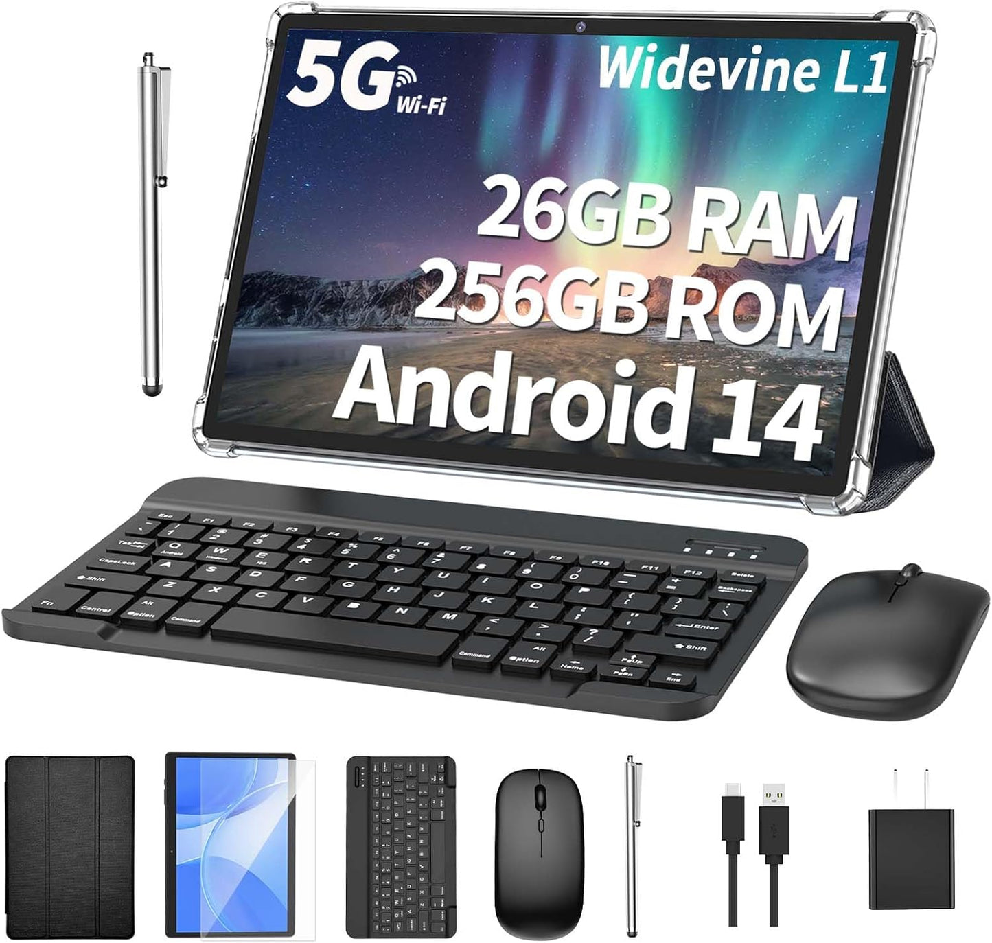 Android Tablet with Keyboard, 26GB RAM, 256GB ROM(1TB Expand), 10.1 inch Android 14 Tablet, 8000mAh Battery, BT 5.0, GMS Certified, 2.4G&5G WiFi, 2 in 1 Tablets with Mouse, Case, Stylus(Black)