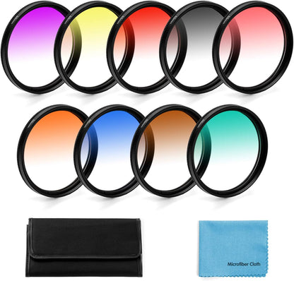 67mm Graduated Color Filters Kit 9 Pieces Gradual Colour Lens Filter Kit Set Accessory for Canon Nikon Sony Pentax Olympus Fuji DSLR Camera + Lens Filter Pouch +Lens Cleaning Cloth