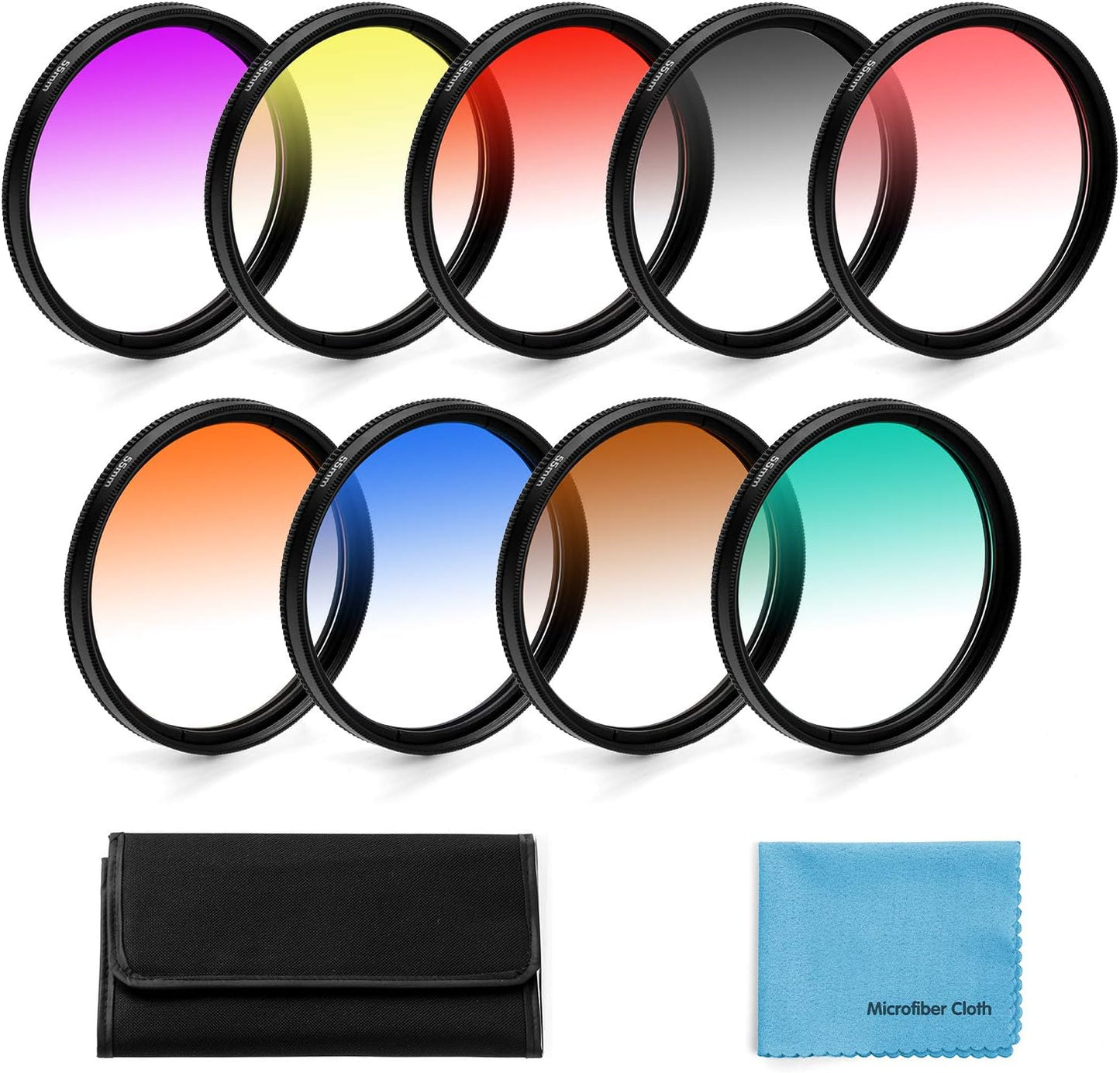 62mm Graduated Color Filters Kit 9 Pieces Gradual Colour Lens Filter Kit Set Accessory for Canon Nikon Sony Pentax Olympus Fuji DSLR Camera + Lens Filter Pouch +Lens Cleaning Cloth