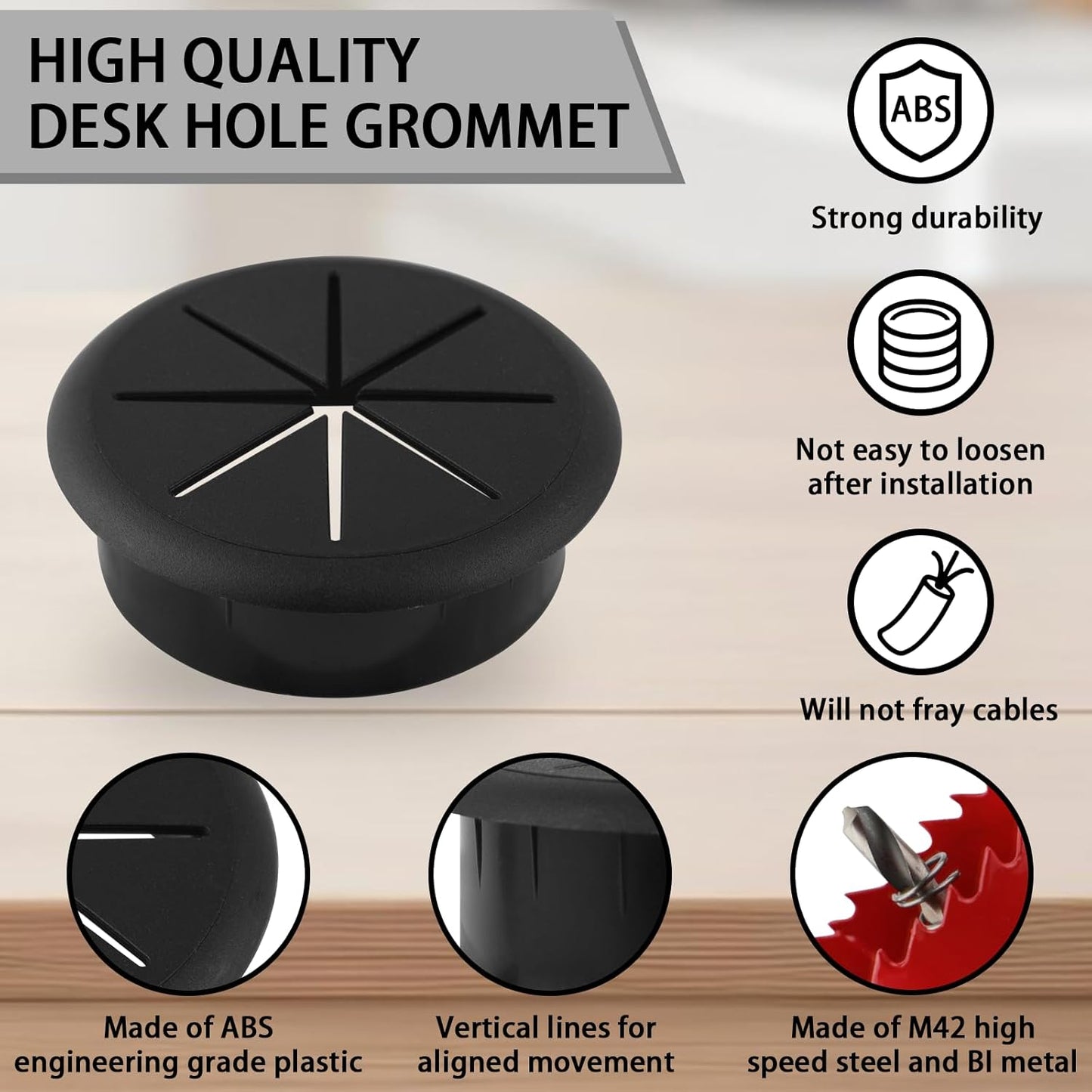 2-3/8IN(60mm) Desk Grommet, 13 Pieces Wire Grommet, Desk Hole Cover for Cables with Hole Saw,Plastic Cable Cord Wire Hole Cover for Desk, Table,Cabinet,Countertop and Other Furniture(Black)