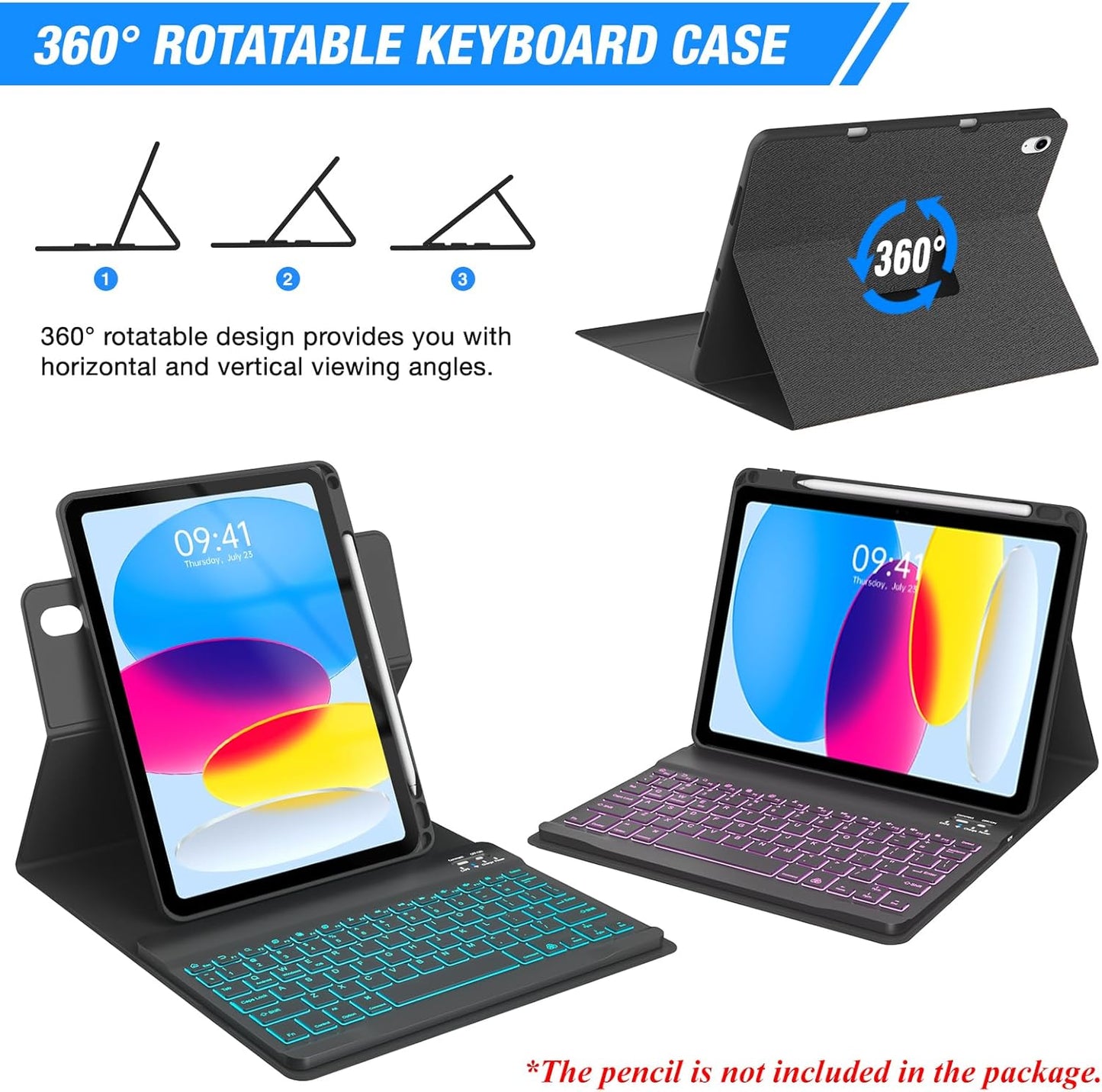 BLUTLOTUS Keyboard Case for iPad 10th Generation 2022 10.9 inch,360° Rotatable Keyboard Case with Pencil Holder, 7 Color Backlit Detachable Bluetooth Keyboard,Smart Folio Tablet Cover (Black)
