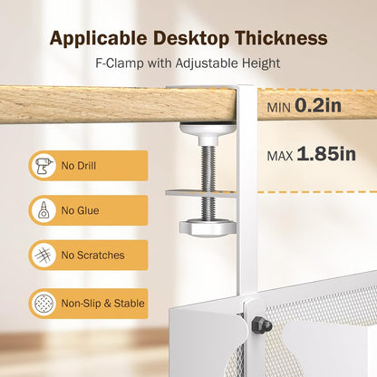 DELAMU Under Desk Cable Management Tray, No Drill Metal Mesh Cable Management Under Desk with F-Clamp Mount & 2 Open Holes, Cord Organizer for Home Office, 1 Pack, White