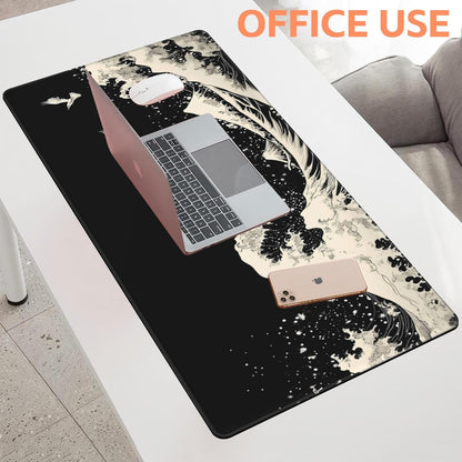 Mouse Pad Large White Wave Non-Slip Gaming Desk Mat with Stitched Edge Laptop Keyboard Desk Pad for Work Home Gaming (35.4 x 15.7 Inches)